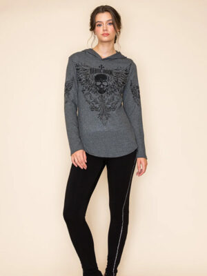 Studded Skull and Wings Hooded Shirt